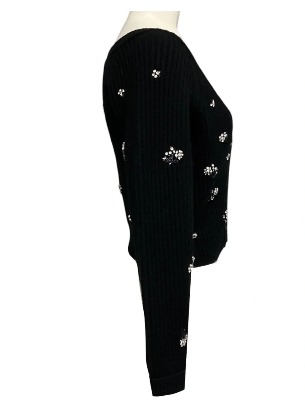 SIMKHAI BLACK CRYSTAL EMBELLISHED WOOL AND CASHMERE KNIT CARDIGAN SWEATER